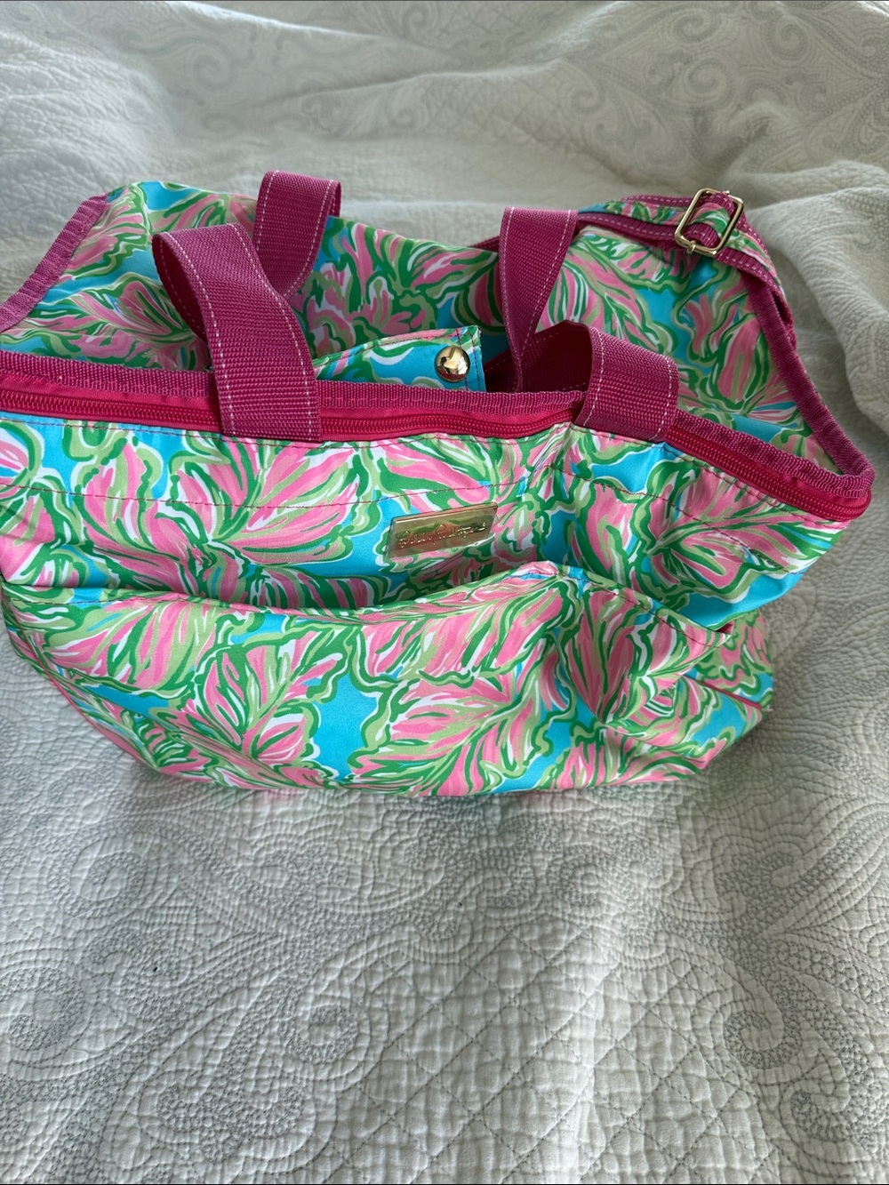 Lilly Pulitzer Pink & Turquoise Floral Tote with Fuchsia Trim